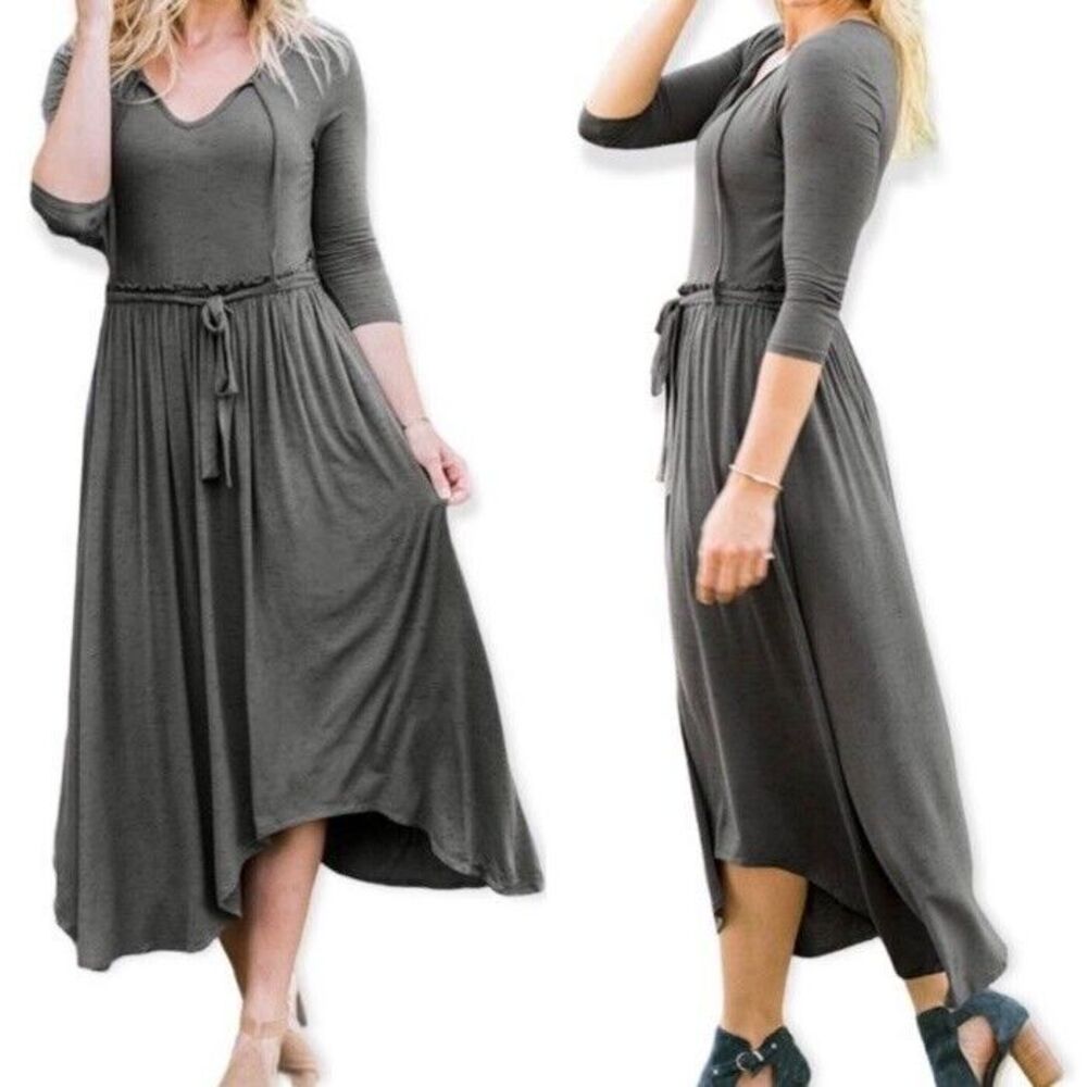 Matilda Jane GO WEST MAXI  Dress Small S Gray‎ Soft Jersey 3/4 Sleeve Keyhole